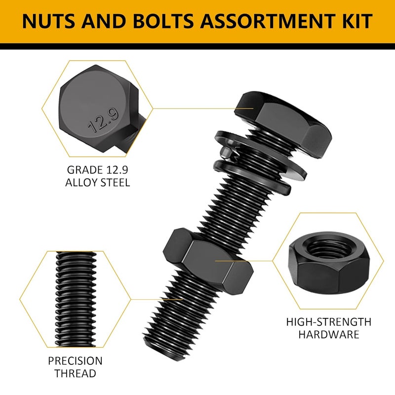 ZTF 432pcs Grade 12.9 Nuts and Bolts Assortment Kit,M6 M8 M10 Heavy Duty Bolts and Nuts Kit, M6 x1.0 M8 x1.25 M10-1.25 (12mm to 45mm) Hex Socket & Flat Head Metric Screws Assortment Kit - Image 5